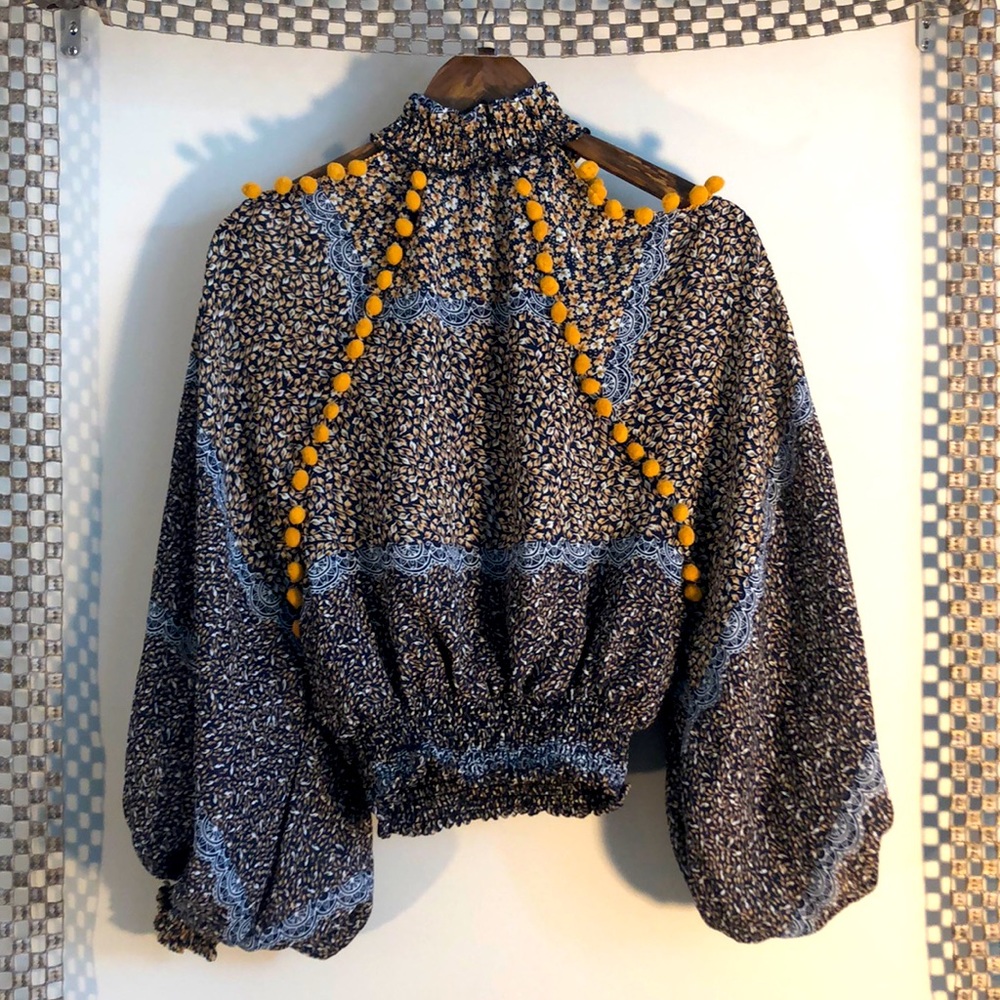 Storets long sleeve blue and gold top with cold shoulder